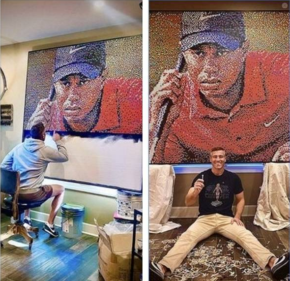 艺术家用25000个高尔夫发球台创作了栩栩如生的老虎伍兹肖像壁画