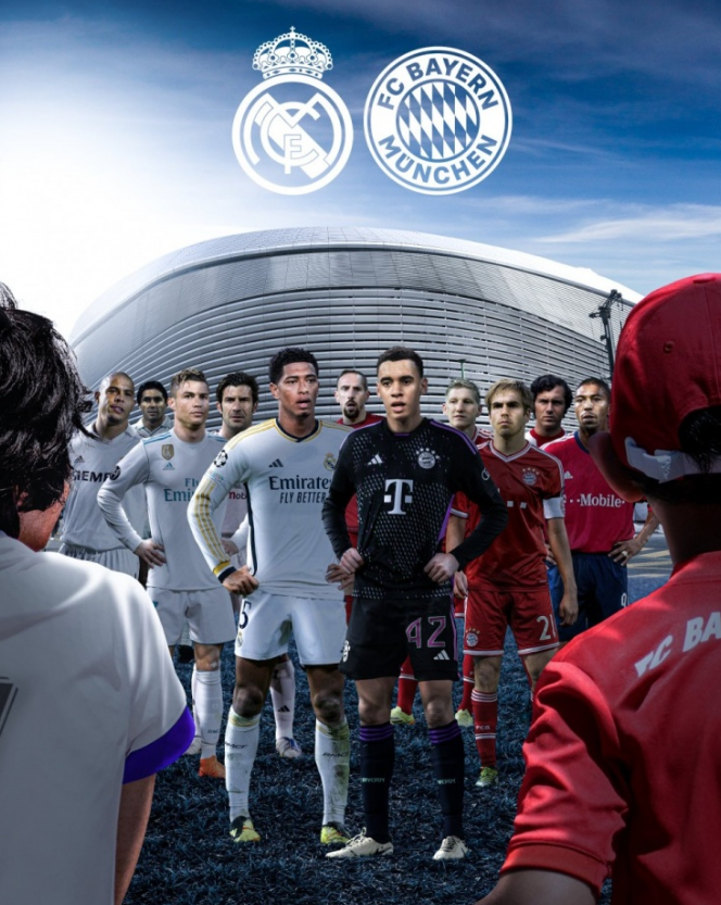拜仁发布欧冠半决赛海报：贝林厄姆、穆西亚拉携名宿背景亮相