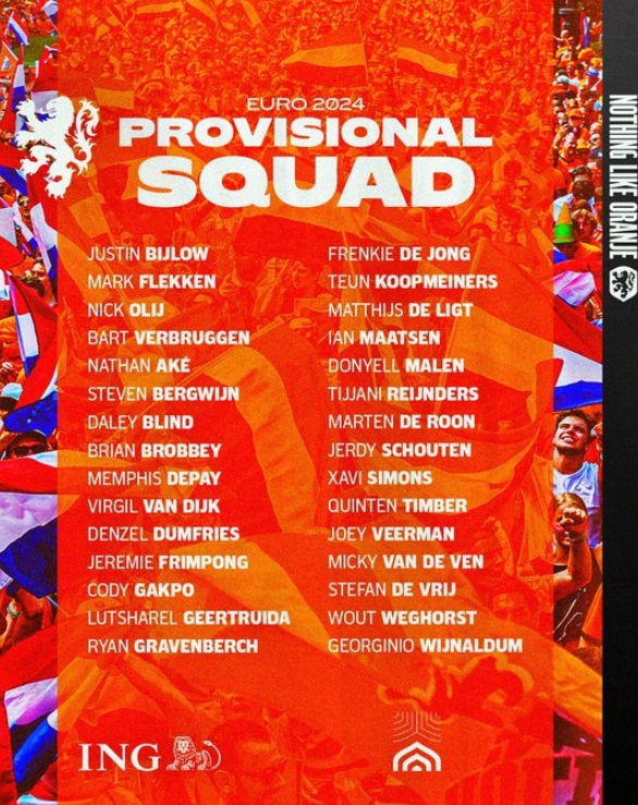 荷兰公布欧洲杯30人初选名单：范迪克、德容领衔，齐尔克泽与廷伯落选