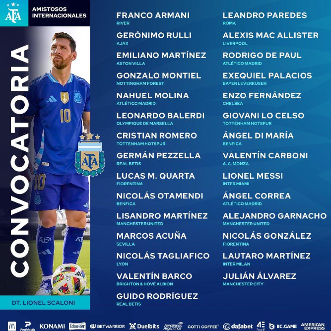 阿根廷足协公布最新一期国家队29人名单，梅西领衔出战