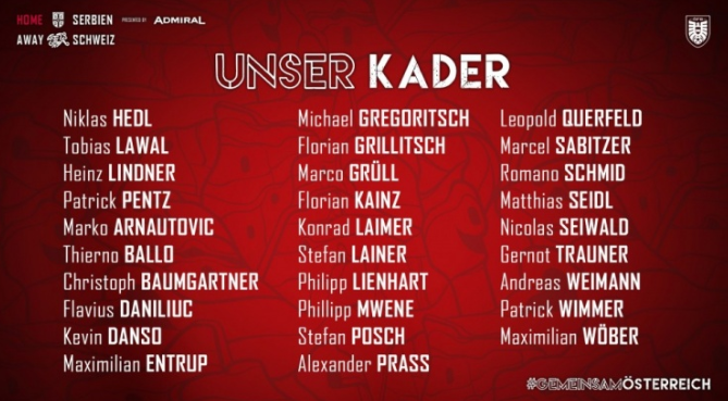奥地利足协公布欧洲杯29人初选名单，阿瑙托维奇、莱默尔、萨比策在列