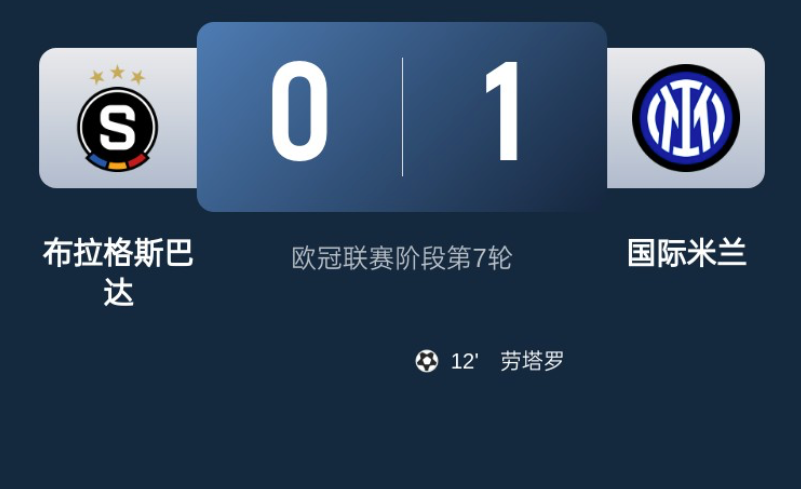 国米 1-0 击败布拉格斯巴达，升至欧冠积分榜第四位