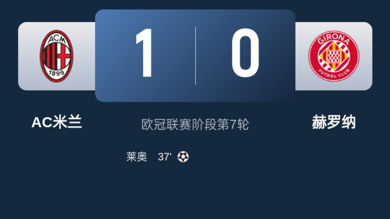 欧冠战报：AC 米兰 1-0 小胜赫罗纳