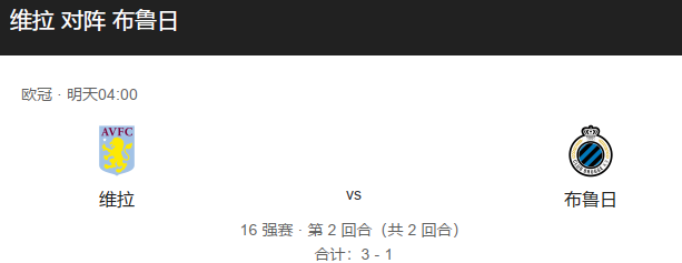 欧冠1/8决赛次回合前瞻：阿斯顿维拉 vs 布鲁日