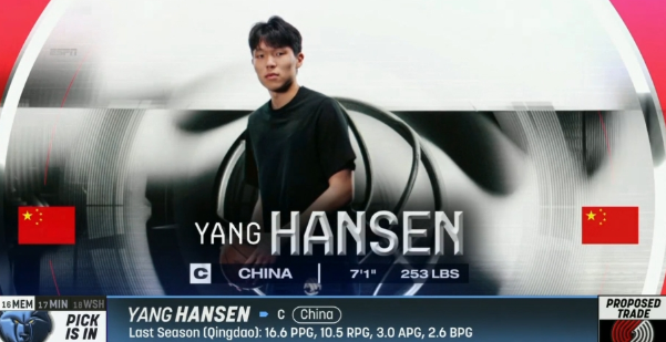 姚明易建联之后第三名首轮秀！中国球员杨瀚森第16顺位被开拓者选中