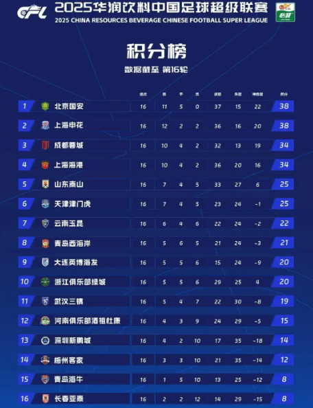 中超16轮综述：国安逆转登顶，海牛亚泰深陷降级区