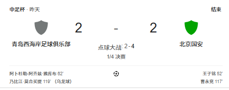 足协杯1/4决赛：北京国安点球大战6-4淘汰青岛西海岸晋级四强